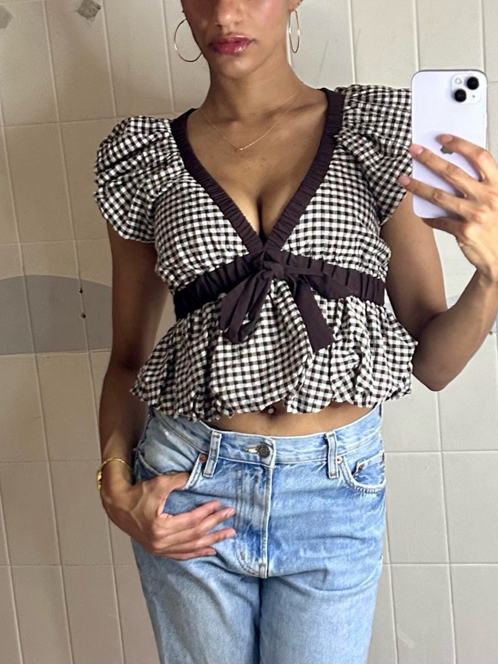 Zara Brown Gingham Ruffle Tie Blouse